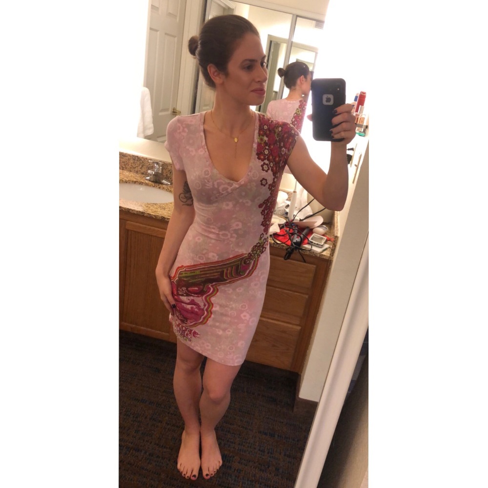 Pink flower spandex mini dress, small